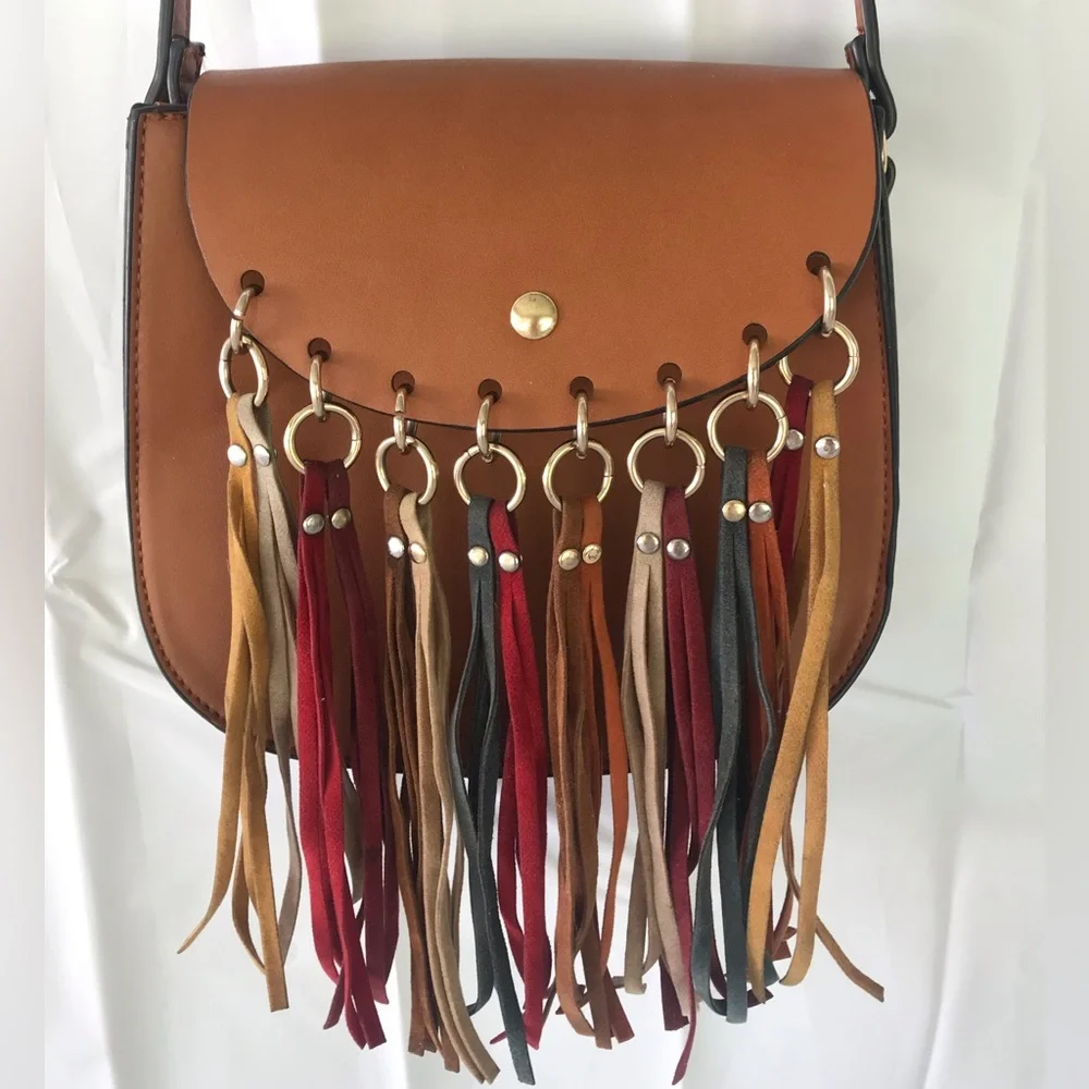 Mellow World Vegan Leather Fringe Crossbody Shoulder Bag Boho
